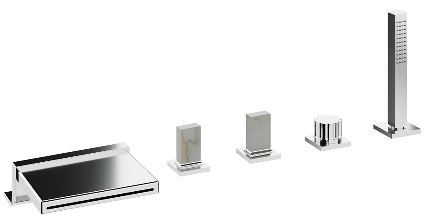 Rubinetterie Treemme 3M Kea IT 7A06 CC K1 ZZ Miscelatore Batteria Bordo Vasca 5 Fori Con Doccetta Estraibile Metallo Flessibile PVC Materiale Ottone Finitura Cromata Stile Moderno 2 Leve Manopole in Marmo Avorio Segesta