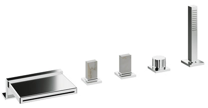 Rubinetterie Treemme 3M Kea IT 7A06 CC K1 ZZ Miscelatore Batteria Bordo Vasca 5 Fori Con Doccetta Estraibile Metallo Flessibile PVC Materiale Ottone Finitura Cromata Stile Moderno 2 Leve Manopole in Marmo Avorio Segesta