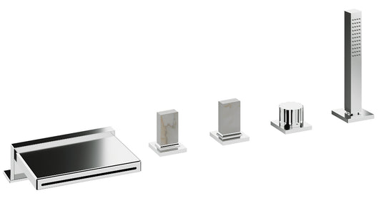 Rubinetterie Treemme 3M Kea IT 7A06 CC K1 ZZ Miscelatore Batteria Bordo Vasca 5 Fori Con Doccetta Estraibile Metallo Flessibile PVC Materiale Ottone Finitura Cromata Stile Moderno 2 Leve Manopole in Marmo Avorio Segesta