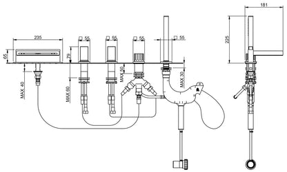 Rubinetterie Treemme 3M Kea IT 7A06 CC K1 ZZ Miscelatore Batteria Bordo Vasca 5 Fori Con Doccetta Estraibile Metallo Flessibile PVC Materiale Ottone Finitura Cromata Stile Moderno 2 Leve Manopole in Marmo Avorio Segesta