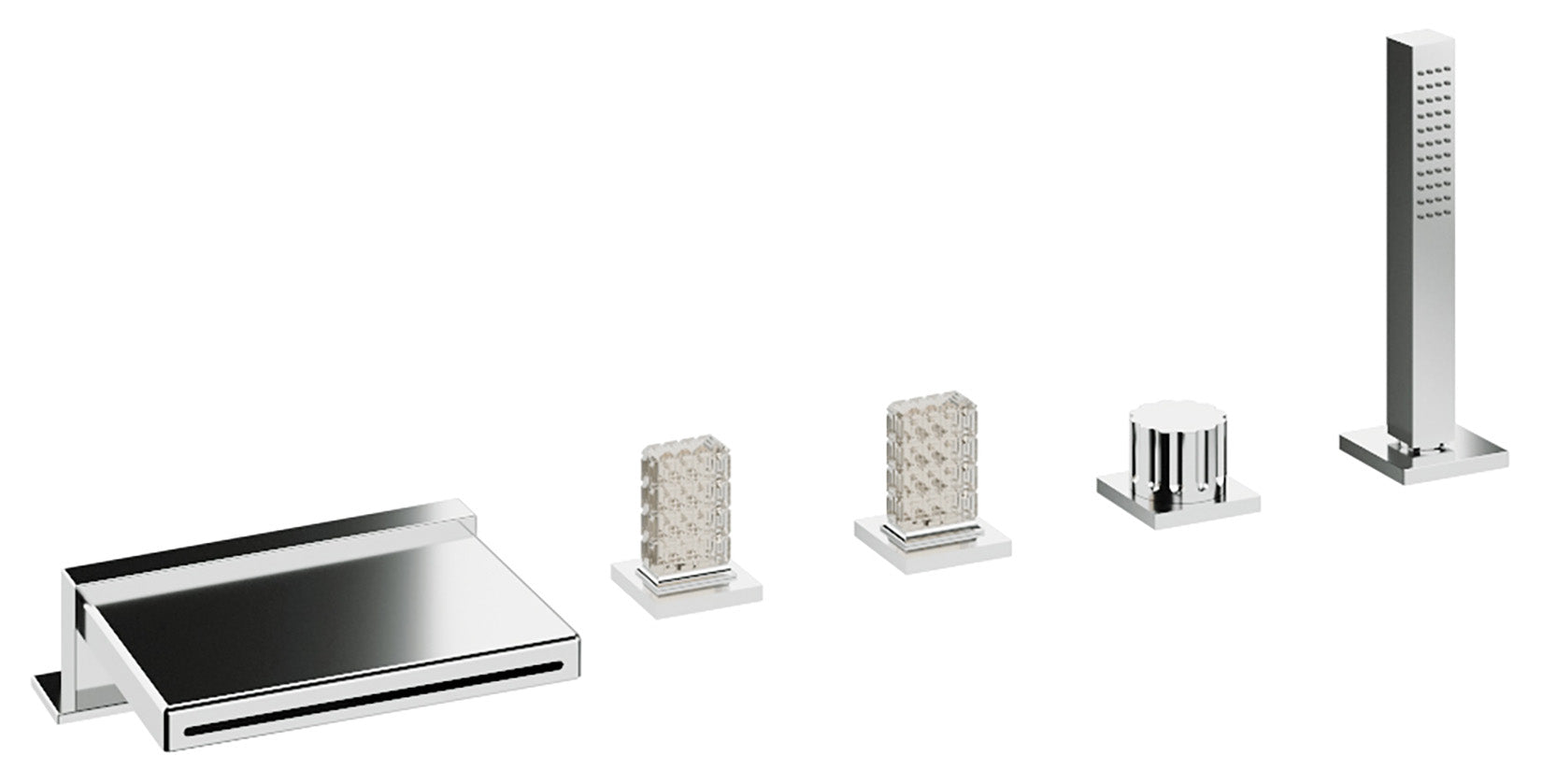 Rubinetterie Treemme 3M Kea IT 7A06 CC RO ZZ Miscelatore Batteria Bordo Vasca 5 Fori Con Doccetta Estraibile Metallo Flessibile PVC Materiale Ottone Finitura Cromata Stile Moderno 2 Leve Manopole in Cristallo Trasparente