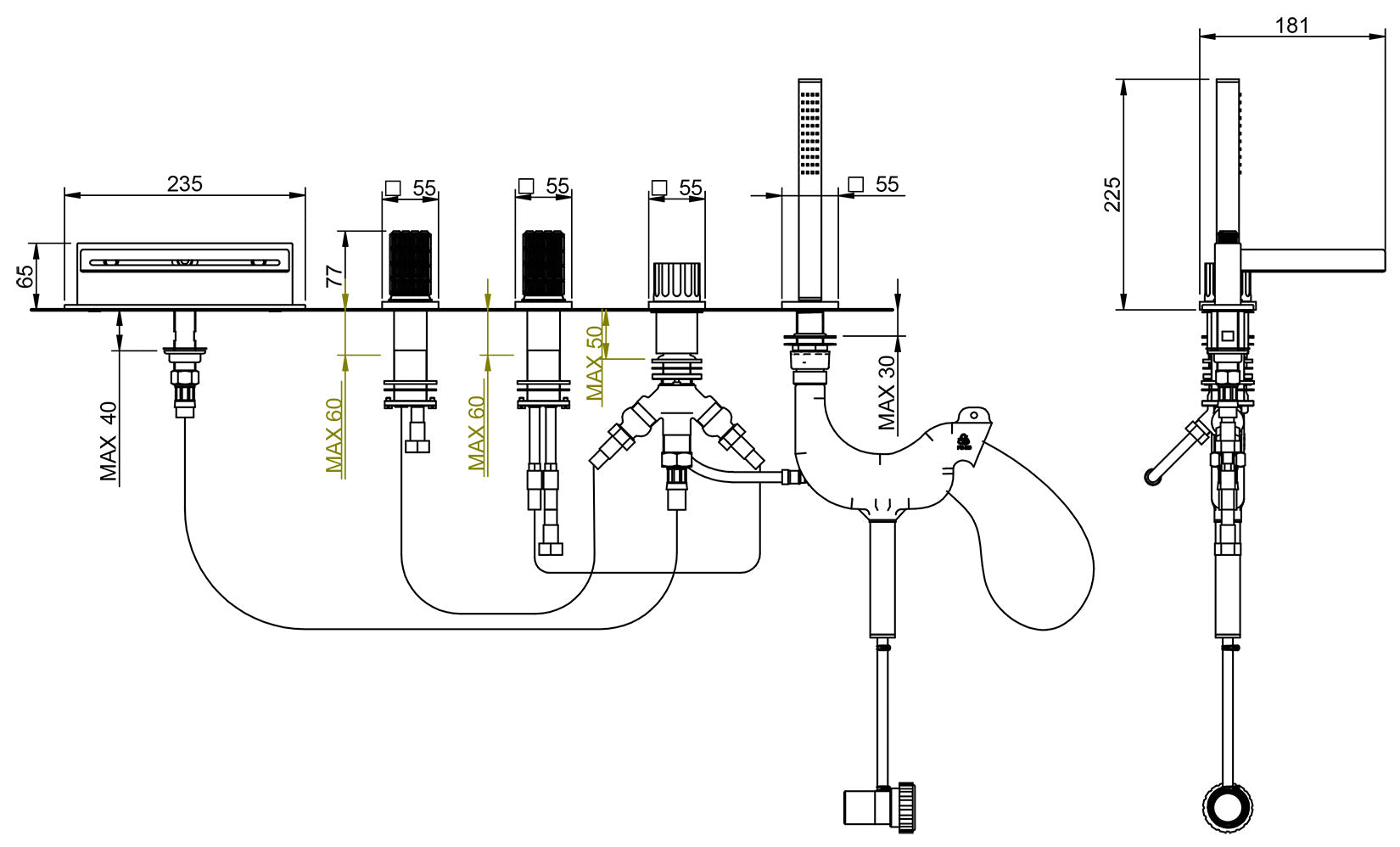 Rubinetterie Treemme 3M Kea IT 7A06 CC RO ZZ Miscelatore Batteria Bordo Vasca 5 Fori Con Doccetta Estraibile Metallo Flessibile PVC Materiale Ottone Finitura Cromata Stile Moderno 2 Leve Manopole in Cristallo Trasparente