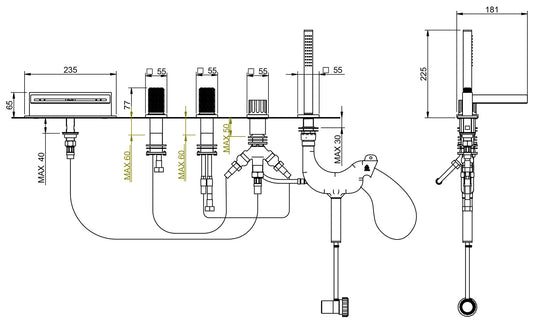 Rubinetterie Treemme 3M Kea IT 7A06 CC RO ZZ Miscelatore Batteria Bordo Vasca 5 Fori Con Doccetta Estraibile Metallo Flessibile PVC Materiale Ottone Finitura Cromata Stile Moderno 2 Leve Manopole in Cristallo Trasparente
