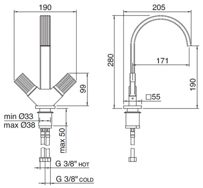 Rubinetterie Treemme 3M Kea IT 7A14 CC KO ZZ Miscelatore Lavabo 190 mm Appoggio 2 Manopole in Ottone Monoforo Stile Moderno Altezza 280 mm Lunghezza 205 mm Materiale Ottone Finitura Cromato 