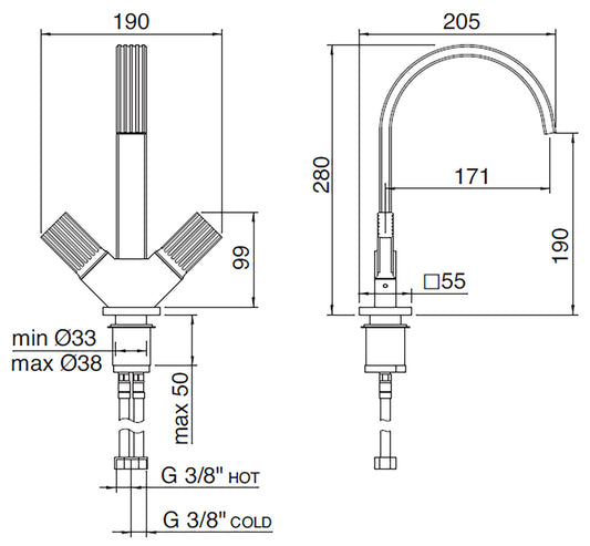 Rubinetterie Treemme 3M Kea IT 7A14 CC KO ZZ Miscelatore Lavabo 190 mm Appoggio 2 Manopole in Ottone Monoforo Stile Moderno Altezza 280 mm Lunghezza 205 mm Materiale Ottone Finitura Cromato 