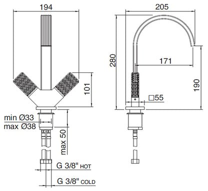 Rubinetterie Treemme 3M Kea IT 7A14 CC RO ZZ Miscelatore Lavabo 190 mm Appoggio 2 Manopole in Cristallo Trasparente Monoforo Stile Moderno Altezza 280 mm Lunghezza 205 mm Materiale Ottone Finitura Cromato 