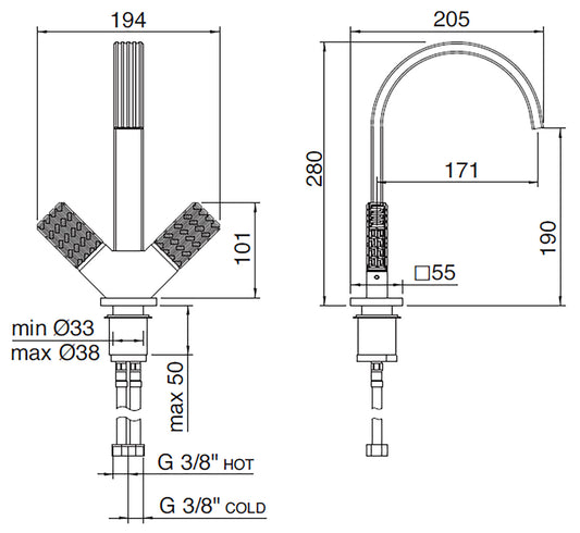 Rubinetterie Treemme 3M Kea IT 7A14 CC RO ZZ Miscelatore Lavabo 190 mm Appoggio 2 Manopole in Cristallo Trasparente Monoforo Stile Moderno Altezza 280 mm Lunghezza 205 mm Materiale Ottone Finitura Cromato 