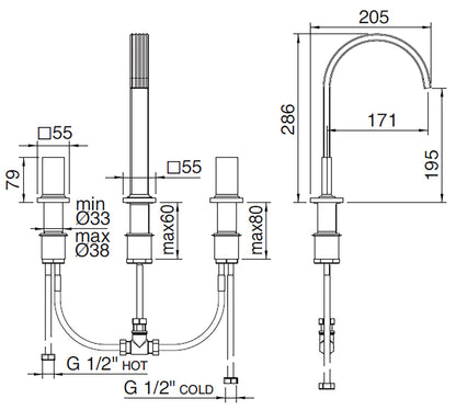 Rubinetterie Treemme 3M Kea IT 7A16 CC K1 ZZ Miscelatore Batteria Lavabo 195 mm Appoggio 2 Manopole in Marmo Avorio Segesta 3 Fori Stile Moderno Altezza 286 mm Lunghezza 205 mm Materiale Ottone Finitura Cromato 