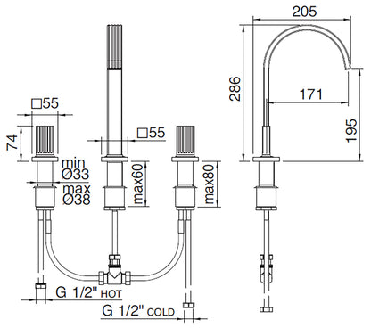 Rubinetterie Treemme 3M Kea IT 7A16 CC KO ZZ Miscelatore Batteria Lavabo 195 mm Appoggio 2 Manopole in Ottone 3 Fori Stile Moderno Altezza 286 mm Lunghezza 205 mm Materiale Ottone Finitura Cromato 