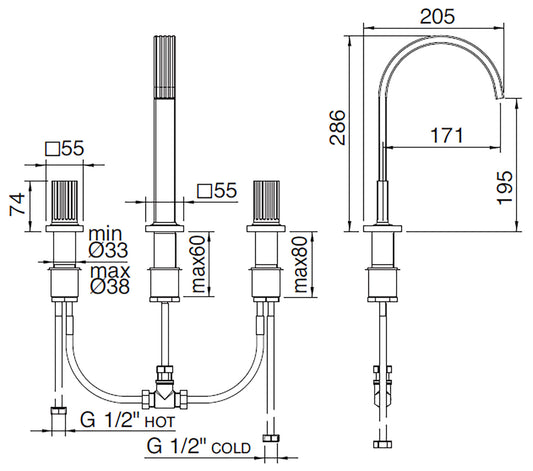 Rubinetterie Treemme 3M Kea IT 7A16 CC KO ZZ Miscelatore Batteria Lavabo 195 mm Appoggio 2 Manopole in Ottone 3 Fori Stile Moderno Altezza 286 mm Lunghezza 205 mm Materiale Ottone Finitura Cromato 