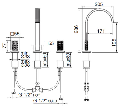 Rubinetterie Treemme 3M Kea IT 7A16 CC RO ZZ Miscelatore Batteria Lavabo 195 mm Appoggio 2 Manopole in Cristallo Trasparente 3 Fori Stile Moderno Altezza 286 mm Lunghezza 205 mm Materiale Ottone Finitura Cromato 