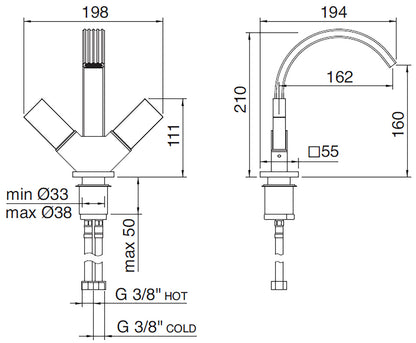 Rubinetterie Treemme 3M Kea IT 7A24 CC K1 ZZ Miscelatore Monoforo Bidet Appoggio 2 Manopole in Marmo Avorio Segesta Stile Moderno Altezza 210 mm Lunghezza 194 mm Senza Piletta Di Scarico Materiale Ottone Finitura Cromato 