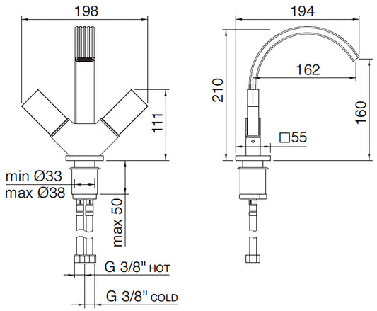 Rubinetterie Treemme 3M Kea IT 7A24 CC K1 ZZ Miscelatore Monoforo Bidet Appoggio 2 Manopole in Marmo Avorio Segesta Stile Moderno Altezza 210 mm Lunghezza 194 mm Senza Piletta Di Scarico Materiale Ottone Finitura Cromato 