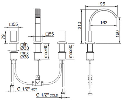Rubinetterie Treemme 3M Kea IT 7A27 CC K1 ZZ Miscelatore Batteria Bidet Appoggio 2 Manopole in Marmo Avorio Segesta 3 Fori Stile Moderno Altezza 210 mm Lunghezza 195 mm Senza Piletta Di Scarico Materiale Ottone Finitura Cromato 