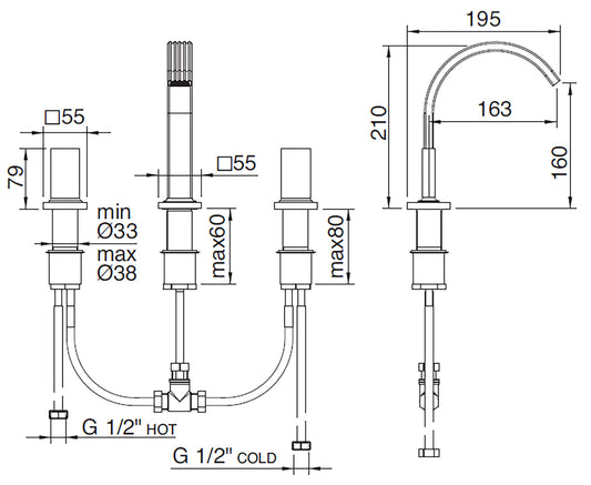 Rubinetterie Treemme 3M Kea IT 7A27 CC K1 ZZ Miscelatore Batteria Bidet Appoggio 2 Manopole in Marmo Avorio Segesta 3 Fori Stile Moderno Altezza 210 mm Lunghezza 195 mm Senza Piletta Di Scarico Materiale Ottone Finitura Cromato 