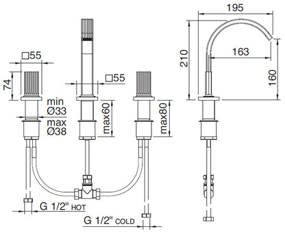 Rubinetterie Treemme 3M Kea IT 7A27 CC KO ZZ Miscelatore Batteria Bidet Appoggio 2 Manopole in Ottone 3 Fori Stile Moderno Altezza 210 mm Lunghezza 195 mm Senza Piletta Di Scarico Materiale Ottone Finitura Cromato 