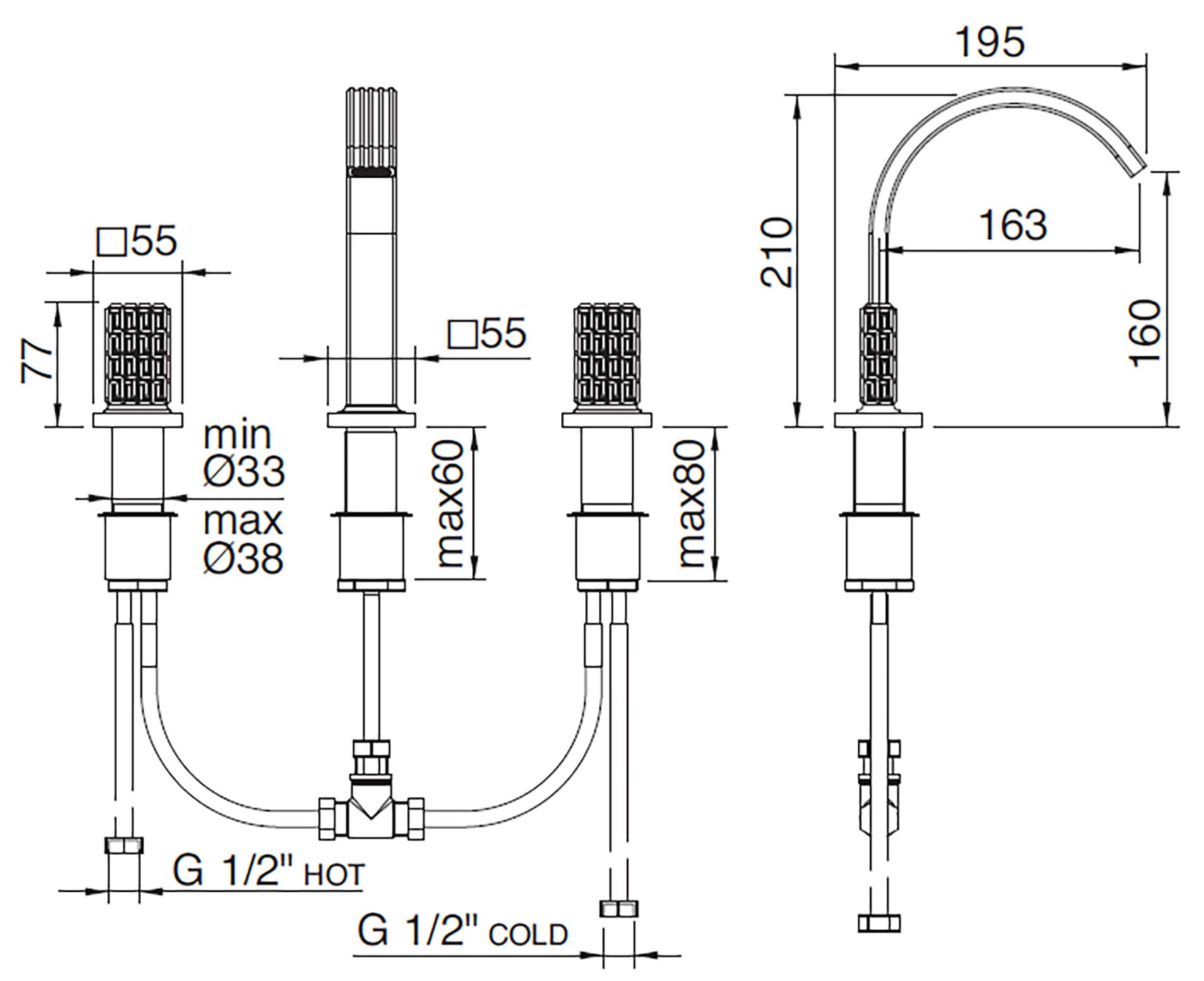 Rubinetterie Treemme 3M Kea IT 7A27 CC RO ZZ Miscelatore Batteria Bidet Appoggio 2 Manopole in Cristallo Trasparente 3 Fori Stile Moderno Altezza 210 mm Lunghezza 195 mm Senza Piletta Di Scarico Materiale Ottone Finitura Cromato