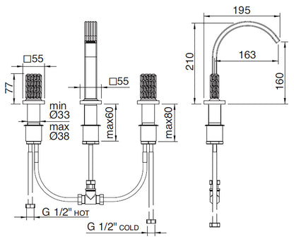 Rubinetterie Treemme 3M Kea IT 7A27 CC RO ZZ Miscelatore Batteria Bidet Appoggio 2 Manopole in Cristallo Trasparente 3 Fori Stile Moderno Altezza 210 mm Lunghezza 195 mm Senza Piletta Di Scarico Materiale Ottone Finitura Cromato