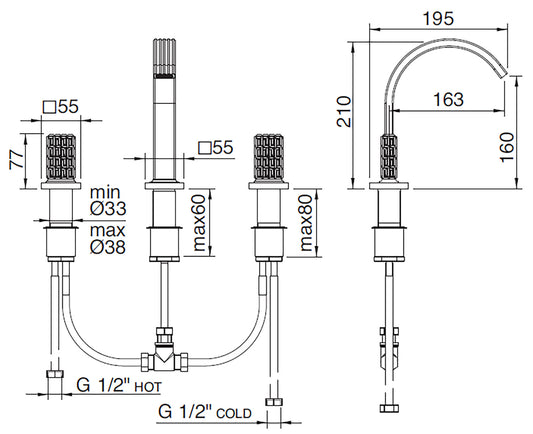 Rubinetterie Treemme 3M Kea IT 7A27 CC RO ZZ Miscelatore Batteria Bidet Appoggio 2 Manopole in Cristallo Trasparente 3 Fori Stile Moderno Altezza 210 mm Lunghezza 195 mm Senza Piletta Di Scarico Materiale Ottone Finitura Cromato