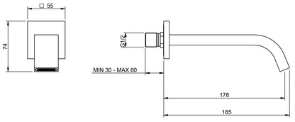 Rubinetterie Treemme 3M Kea IT 7A63 CC ZZ HF Bocca Muro 178 mm Getto Erogazione Uscita Acqua Installazione Parete Materiale Ottone Finitura Cromata Stile Moderno Monoforo Lunghezza 185 mm Portata Acqua 20 Litri Al Minuto