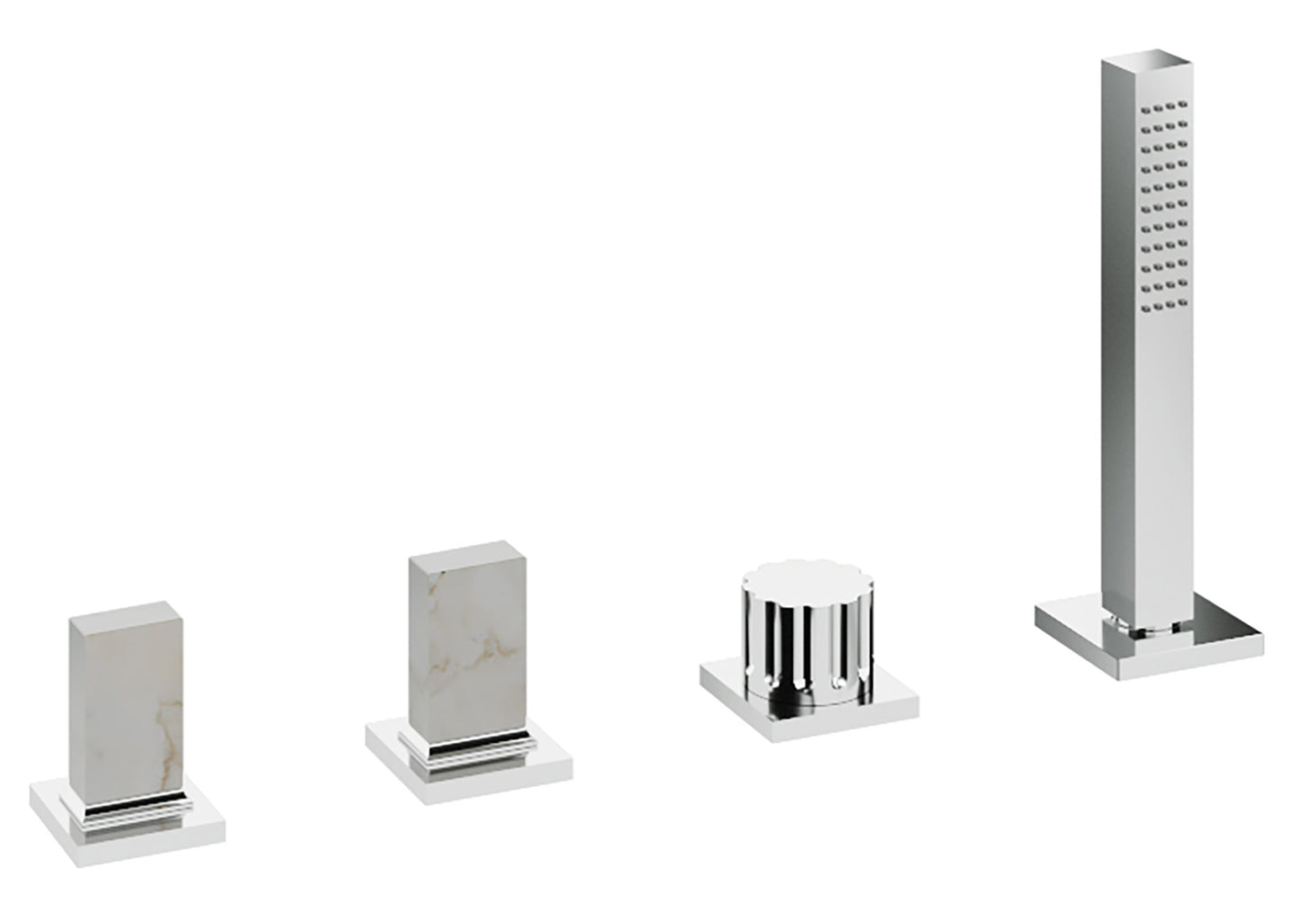 Rubinetterie Treemme 3M Kea IT 7A70 CC K1 ZZ Batteria Bordo Vasca 4 Fori Con Doccetta Estraibile Metallo Flessibile PVC Senza Bocca Materiale Ottone Finitura Cromata Stile Moderno 2 Leve Manopole in Marmo Avorio Segesta