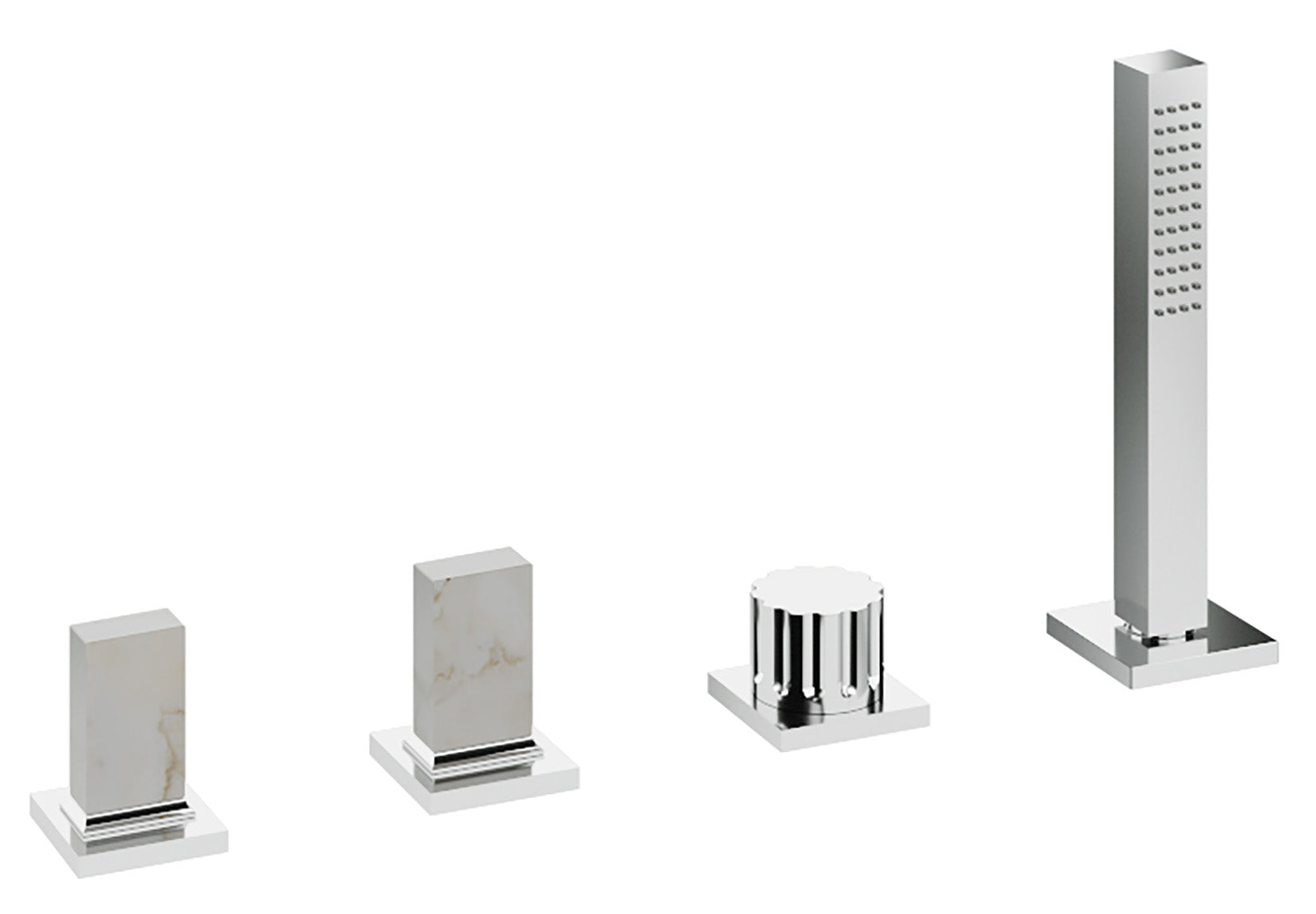 Rubinetterie Treemme 3M Kea IT 7A70 CC K1 ZZ Batteria Bordo Vasca 4 Fori Con Doccetta Estraibile Metallo Flessibile PVC Senza Bocca Materiale Ottone Finitura Cromata Stile Moderno 2 Leve Manopole in Marmo Avorio Segesta