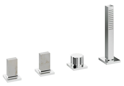 Rubinetterie Treemme 3M Kea IT 7A70 CC K1 ZZ Batteria Bordo Vasca 4 Fori Con Doccetta Estraibile Metallo Flessibile PVC Senza Bocca Materiale Ottone Finitura Cromata Stile Moderno 2 Leve Manopole in Marmo Avorio Segesta