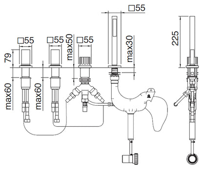 Rubinetterie Treemme 3M Kea IT 7A70 CC K1 ZZ Batteria Bordo Vasca 4 Fori Con Doccetta Estraibile Metallo Flessibile PVC Senza Bocca Materiale Ottone Finitura Cromata Stile Moderno 2 Leve Manopole in Marmo Avorio Segesta