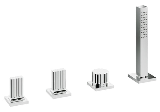 Rubinetterie Treemme 3M Kea IT 7A70 CC KO ZZ Batteria Bordo Vasca 4 Fori Con Doccetta Estraibile Metallo Flessibile PVC Senza Bocca Materiale Ottone Finitura Cromata Stile Moderno 2 Leve Manopole in Ottone