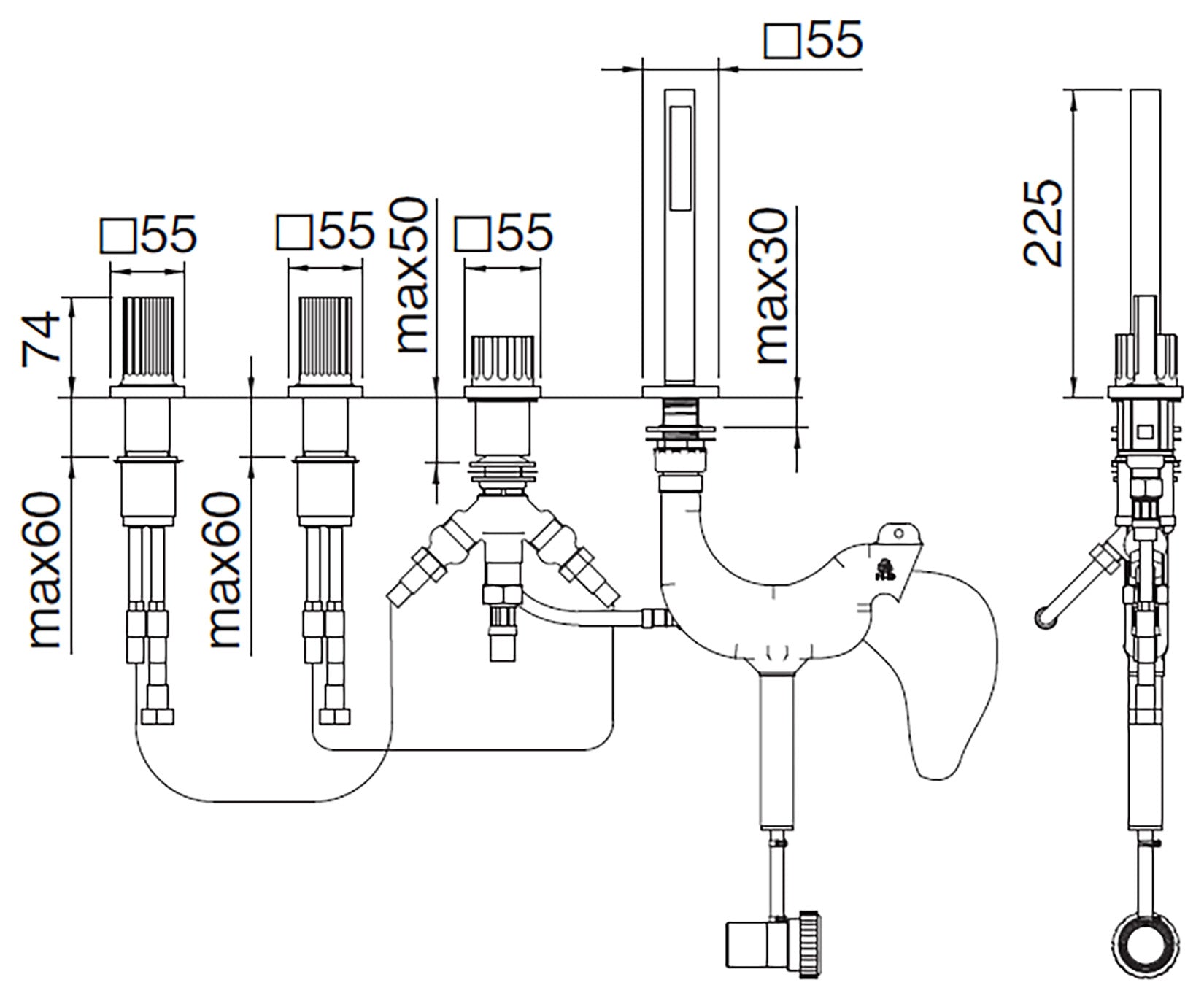 Rubinetterie Treemme 3M Kea IT 7A70 CC KO ZZ Batteria Bordo Vasca 4 Fori Con Doccetta Estraibile Metallo Flessibile PVC Senza Bocca Materiale Ottone Finitura Cromata Stile Moderno 2 Leve Manopole in Ottone