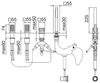 Rubinetterie Treemme 3M Kea IT 7A70 CC KO ZZ Batteria Bordo Vasca 4 Fori Con Doccetta Estraibile Metallo Flessibile PVC Senza Bocca Materiale Ottone Finitura Cromata Stile Moderno 2 Leve Manopole in Ottone