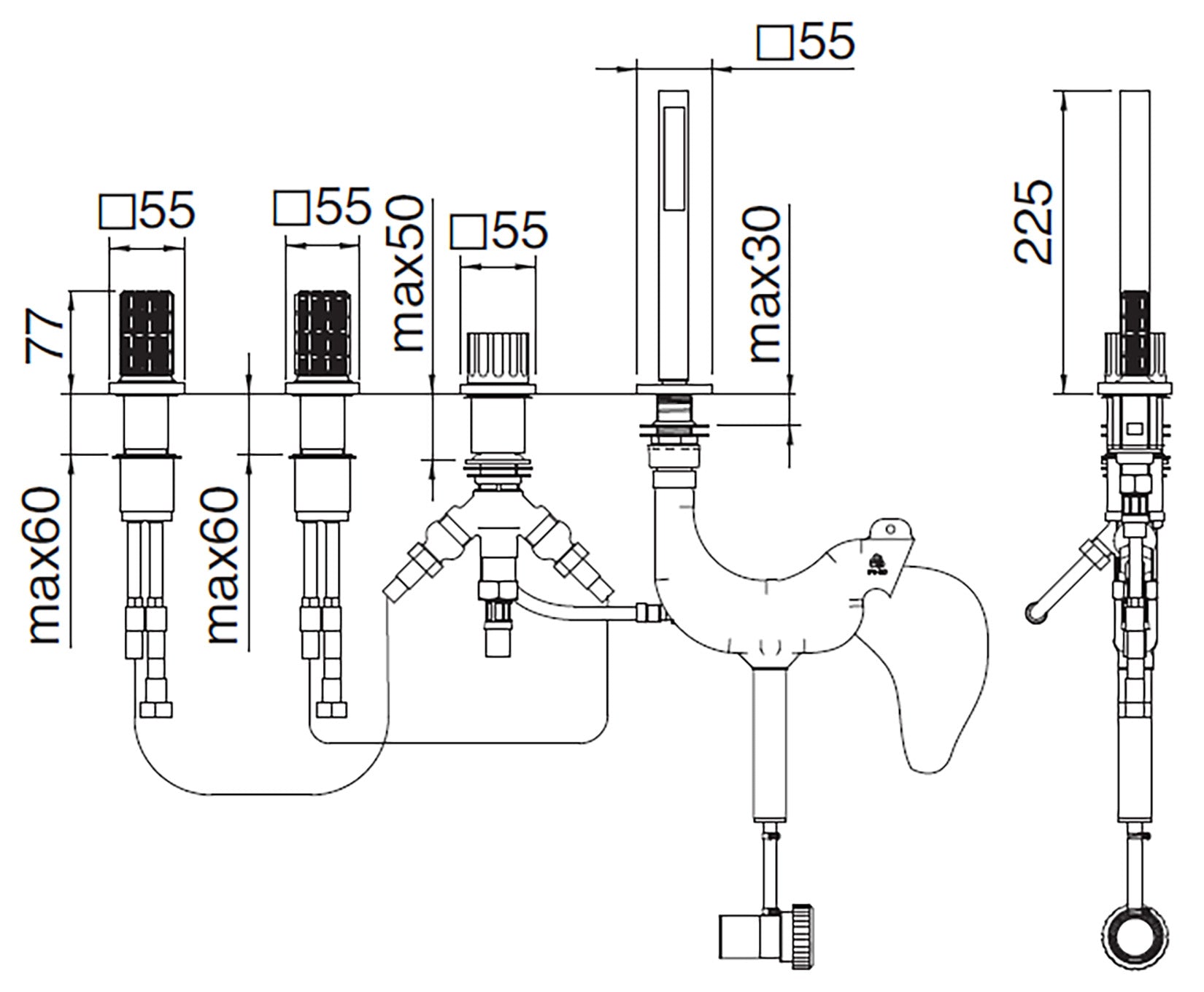Rubinetterie Treemme 3M Kea IT 7A70 CC RO ZZ Batteria Bordo Vasca 4 Fori Con Doccetta Estraibile Metallo Flessibile PVC Senza Bocca Materiale Ottone Finitura Cromata Stile Moderno 2 Leve Manopole in Cristallo Trasparente