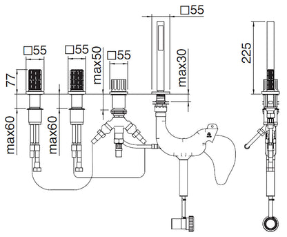 Rubinetterie Treemme 3M Kea IT 7A70 CC RO ZZ Batteria Bordo Vasca 4 Fori Con Doccetta Estraibile Metallo Flessibile PVC Senza Bocca Materiale Ottone Finitura Cromata Stile Moderno 2 Leve Manopole in Cristallo Trasparente
