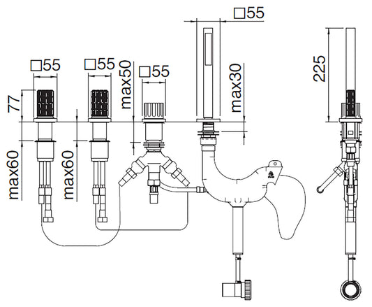 Rubinetterie Treemme 3M Kea IT 7A70 CC RO ZZ Batteria Bordo Vasca 4 Fori Con Doccetta Estraibile Metallo Flessibile PVC Senza Bocca Materiale Ottone Finitura Cromata Stile Moderno 2 Leve Manopole in Cristallo Trasparente