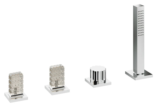 Rubinetterie Treemme 3M Kea IT 7A70 CC RO ZZ Batteria Bordo Vasca 4 Fori Con Doccetta Estraibile Metallo Flessibile PVC Senza Bocca Materiale Ottone Finitura Cromata Stile Moderno 2 Leve Manopole in Cristallo Trasparente