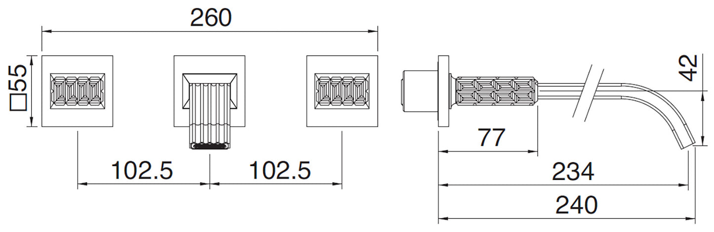 Rubinetterie Treemme 3M Kea RWIT 3A60 CC RO + RWIT 3A60 ZZ 02 Miscelatore Gruppo Lavabo A Muro 2 Manopole in Cristallo Trasparente 3 Fori Stile Moderno Lunghezza Canna 240 mm Materiale Ottone Finitura Cromato Parte Interna Esterna Incluse