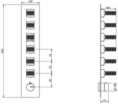 Rubinetterie Treemme 3M Kea RWIT 7A64 CC RO + RWIT 7264 ZZ 30 Miscelatore Termostatico Doccia Incasso Muro 6 Uscite Con Piastra 7 Fori Sei Manopole in Cristallo Trasparente Materiale Ottone Finitura Cromata Parte Interna Esterna Incluse