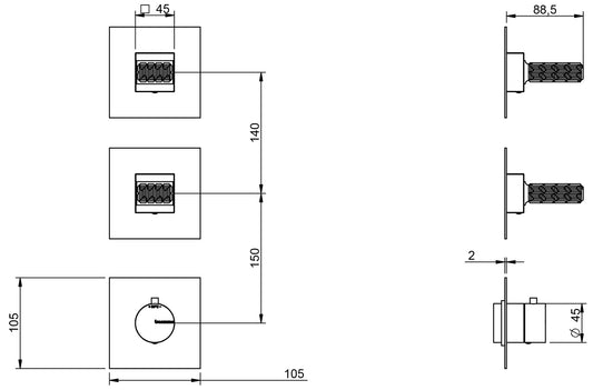 Rubinetterie Treemme 3M Kea RWIT 7A74 CC RO + RWIT 7274 ZZ 40 Miscelatore Termostatico Doccia Incasso Muro 2 Uscite Senza Piastra 3 Fori 2 Manopole In Cristallo Trasparente Materiale Ottone Finitura Cromata Parte Interna Esterna Incluse