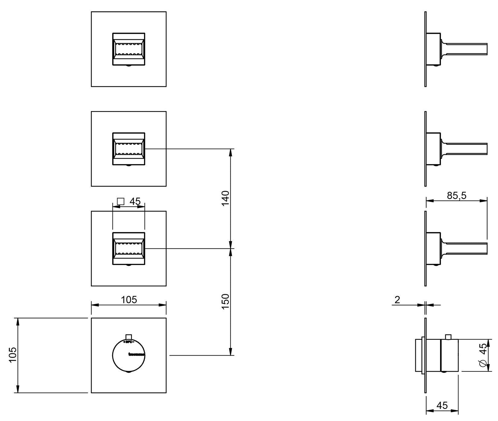 Rubinetterie Treemme 3M Kea RWIT 7A75 CC KO + RWIT 7275 ZZ 40 Miscelatore Termostatico Doccia Incasso Muro 3 Uscite Senza Piastra 4 Fori 3 Manopole in Ottone Materiale Ottone Finitura Cromata Parte Interna Esterna Incluse