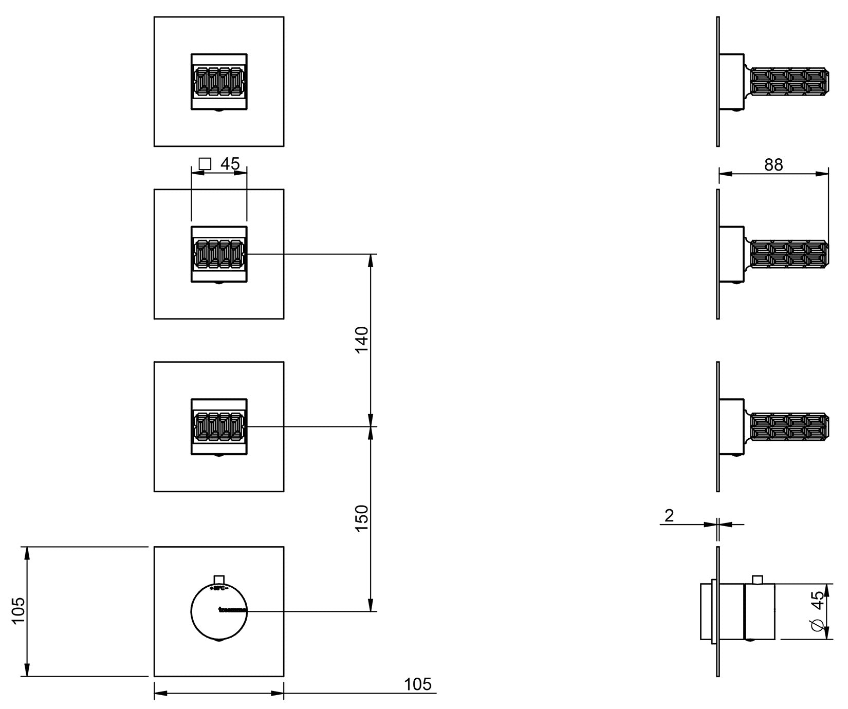 Rubinetterie Treemme 3M Kea RWIT 7A75 CC RO + RWIT 7275 ZZ 40 Miscelatore Termostatico Doccia Incasso Muro 3 Uscite Senza Piastra 4 Fori Tre Manopole in Cristallo Trasparente Materiale Ottone Finitura Cromata Parte Interna Esterna Incluse