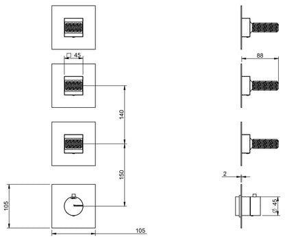 Rubinetterie Treemme 3M Kea RWIT 7A75 CC RO + RWIT 7275 ZZ 40 Miscelatore Termostatico Doccia Incasso Muro 3 Uscite Senza Piastra 4 Fori Tre Manopole in Cristallo Trasparente Materiale Ottone Finitura Cromata Parte Interna Esterna Incluse