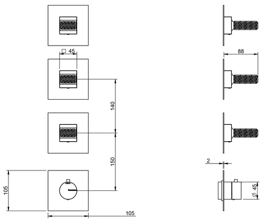 Rubinetterie Treemme 3M Kea RWIT 7A75 CC RO + RWIT 7275 ZZ 40 Miscelatore Termostatico Doccia Incasso Muro 3 Uscite Senza Piastra 4 Fori Tre Manopole in Cristallo Trasparente Materiale Ottone Finitura Cromata Parte Interna Esterna Incluse