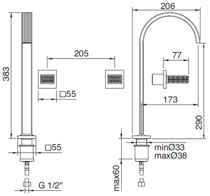 Rubinetterie Treemme 3M Kea RWIT 3A85 CC RO + RWIT 3A60 ZZ 02 Miscelatore Batteria Lavabo 290 mm Appoggio 2 Leve Cristallo Trasparente Muro 3 Fori Stile Moderno Altezza 383 mm Lunghezza 206 mm Materiale Ottone Finitura Cromo Parte Interna Esterna Incluse
