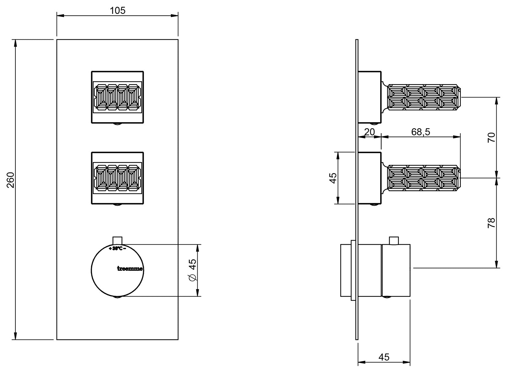 Rubinetterie Treemme 3M Kea RWIT 7A86 CC RO + RWIT 7286 ZZ 30 Miscelatore Termostatico Doccia Incasso Muro 2 Uscite Con Piastra 3 Fori Due Manopole in Cristallo Trasparente Materiale Ottone Finitura Cromata Parte Interna Esterna Incluse