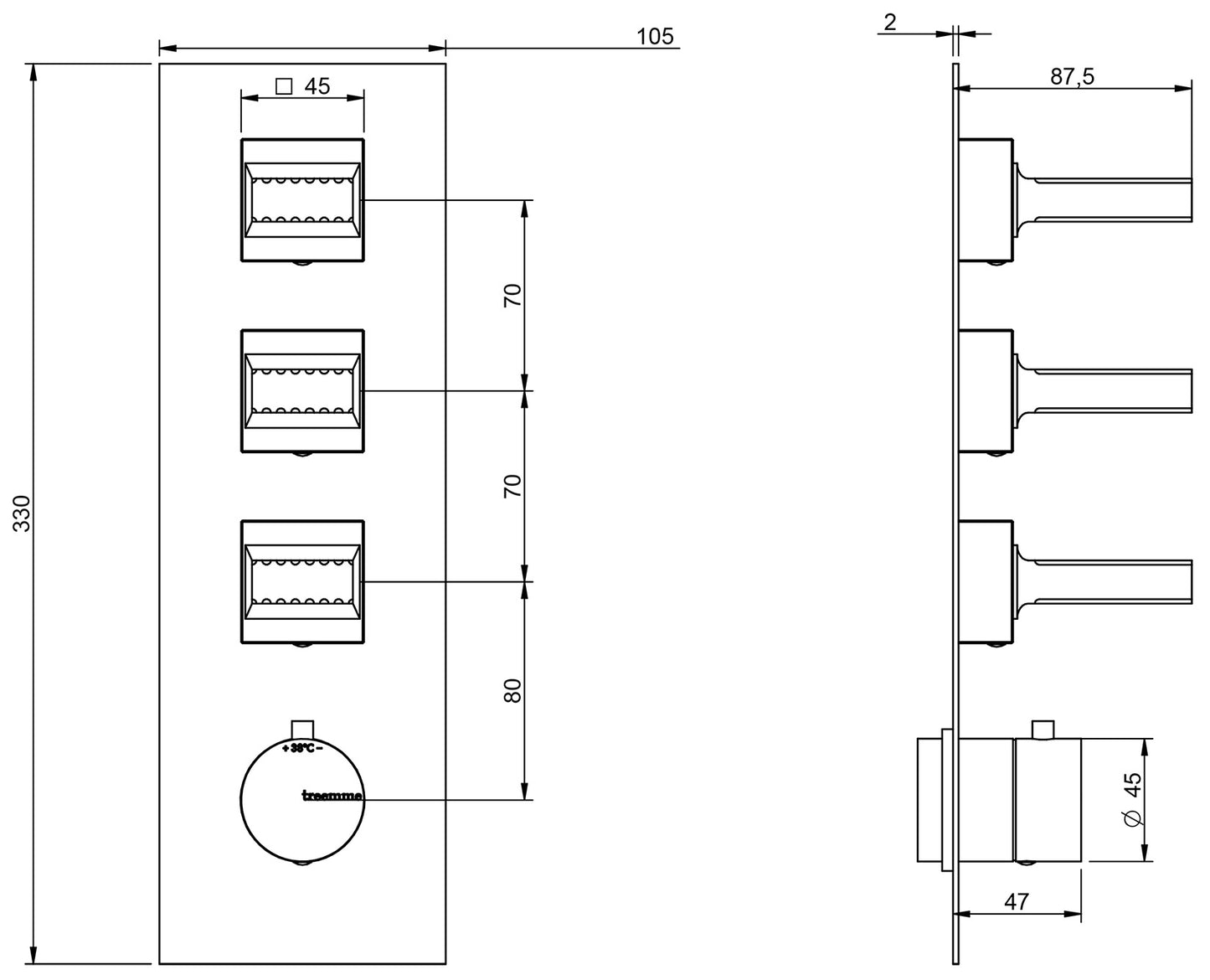 Rubinetterie Treemme 3M Kea RWIT 7A94 CC KO + RWIT 7294 ZZ 30 Miscelatore Termostatico Doccia Incasso Muro 3 Uscite Con Piastra 4 Fori Tre Manopole in Ottone Materiale Ottone Finitura Cromata Parte Interna Esterna Incluse