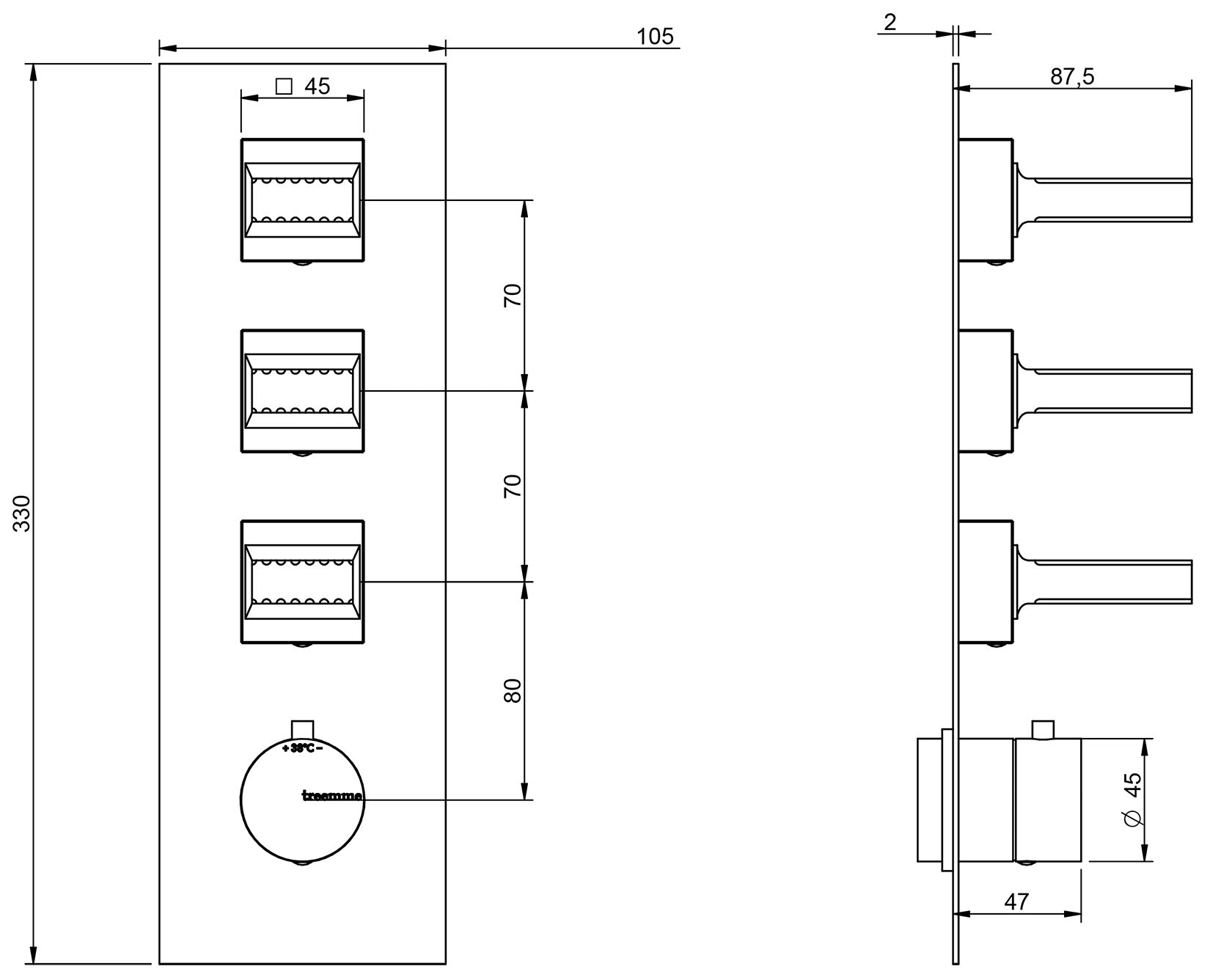 Rubinetterie Treemme 3M Kea RWIT 7A94 CC KO + RWIT 7294 ZZ 30 Miscelatore Termostatico Doccia Incasso Muro 3 Uscite Con Piastra 4 Fori Tre Manopole in Ottone Materiale Ottone Finitura Cromata Parte Interna Esterna Incluse