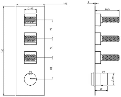 Rubinetterie Treemme 3M Kea RWIT 7A94 CC RO + RWIT 7294 ZZ 30 Miscelatore Termostatico Doccia Incasso Muro 3 Uscite Con Piastra 4 Fori Tre Manopole in Cristallo Trasparente Materiale Ottone Finitura Cromata Parte Interna Esterna Incluse