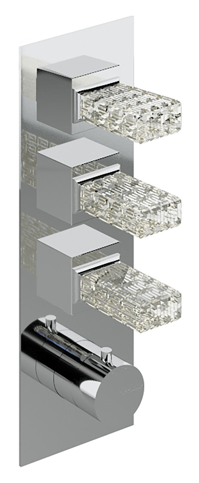 Rubinetterie Treemme 3M Kea RWIT 7A94 CC RO + RWIT 7294 ZZ 30 Miscelatore Termostatico Doccia Incasso Muro 3 Uscite Con Piastra 4 Fori Tre Manopole in Cristallo Trasparente Materiale Ottone Finitura Cromata Parte Interna Esterna Incluse