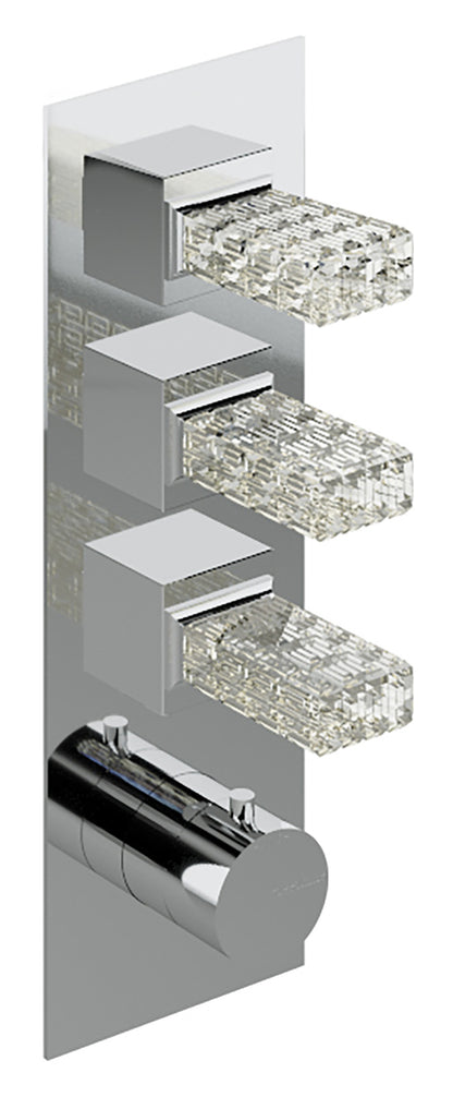 Rubinetterie Treemme 3M Kea RWIT 7A94 CC RO + RWIT 7294 ZZ 30 Miscelatore Termostatico Doccia Incasso Muro 3 Uscite Con Piastra 4 Fori Tre Manopole in Cristallo Trasparente Materiale Ottone Finitura Cromata Parte Interna Esterna Incluse