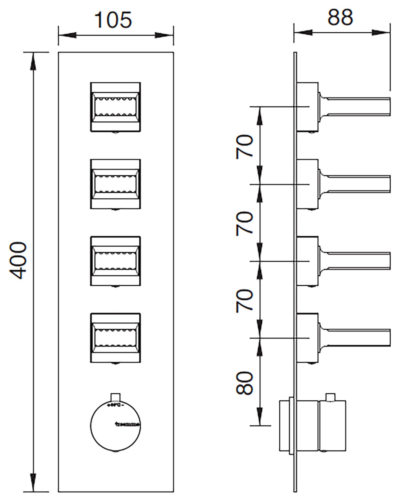 Rubinetterie Treemme 3M Kea RWIT 7A97 CC KO + RWIT 7297 ZZ 30 Miscelatore Termostatico Doccia Incasso Muro 4 Uscite Con Piastra 5 Fori Quattro Manopole in Ottone Materiale Ottone Finitura Cromata Parte Interna Esterna Incluse